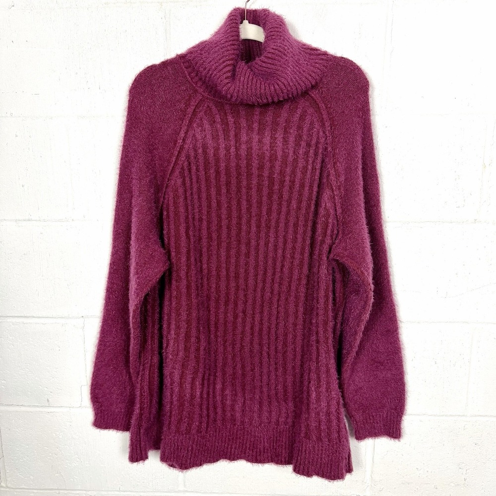 Free People Turtleneck Sweater Fuschia Oversized Ribbed Fuzzy Chunky Soft Cozy S